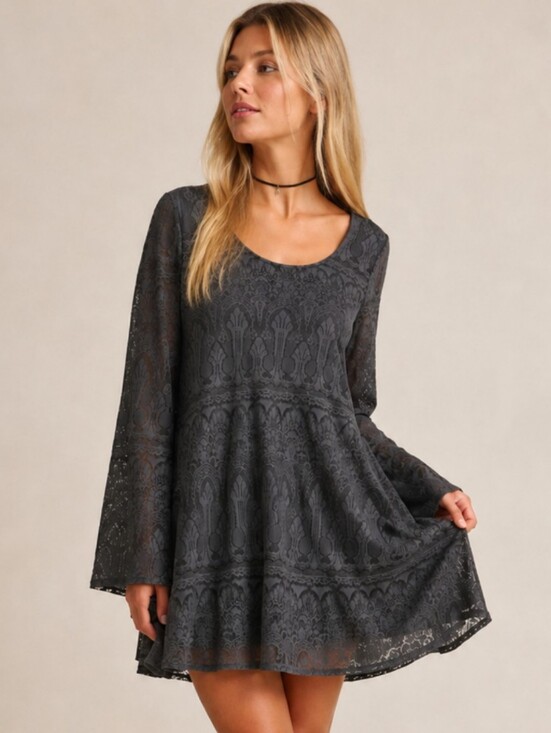 Altar'd State Dresses & Skirts - Altar'd State Charcoal Lace Open Back Bell Sleeve Dress Large Boho EUC